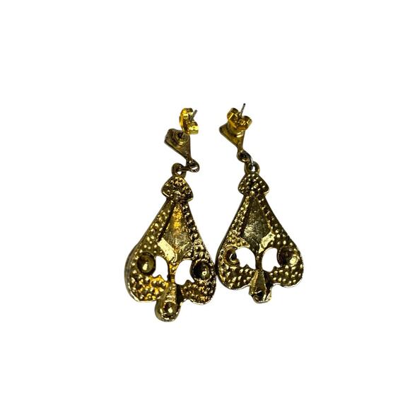 Goldtone Black Post Pierced Earrings Art Deco Style 2 Inch Drop - Picture 5 of 5